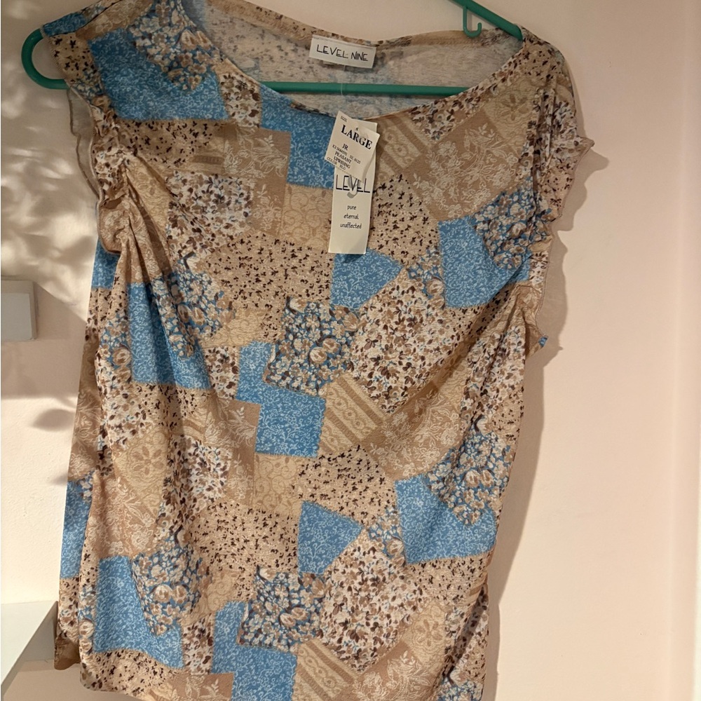 Level Nine Peasant Uprising Blue and Tan Patchwork Junior’s Sleeveless Top Large